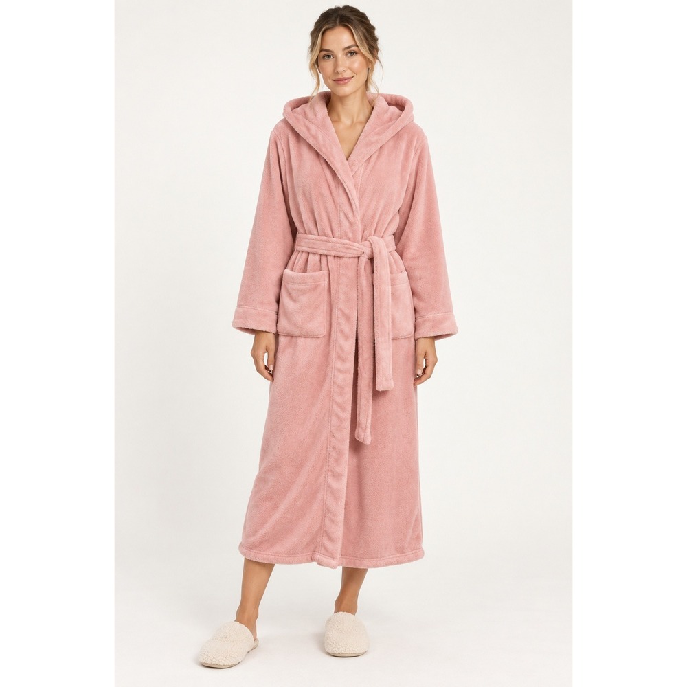 Alexander Del Rossa Womens XS Pink Plush Fleece Hooded Robe Long Bathrobe Pocket